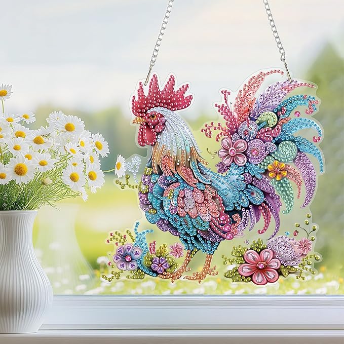 Hanging Diamond Art Kit for Adult, Cartoon Chicken, 5D Special Shaped Rhinestone Diamond Painting Ornament, Floral Rooster, DIY Acrylic Diamond Art Painting Window Pendants Home Garden Wall Decor