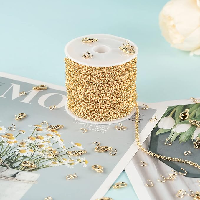 18K Gold Plated Brass Jewelry Making Chain, 10 Meters Circle Rolo Chains Bulk with 50pcs Jump Rings + 20pcs Lobster Clasps Women Necklace DIY Jewelry Supplies Findings