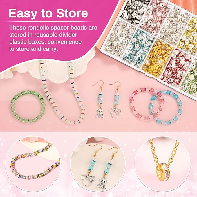 shynek 800 Pieces Rondelle Spacer Beads for Jewelry Making, 6mm Rhinestone Spacer Beads for Beaded Pens, Crystal Bead Spacers for Jewelry Making, Bracelets (10 Colors)
