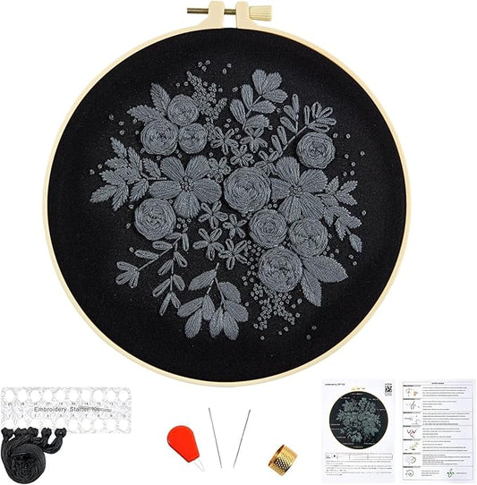 Crafmanoe Embroidery Kits for Beginners Adults, Black Flowers Embroidery Starter Kits, Counted Cross Stitch Kits for Beginners Adults Hobbies Set for Women, Embroidery Hoops, Thread and Video Tutorial