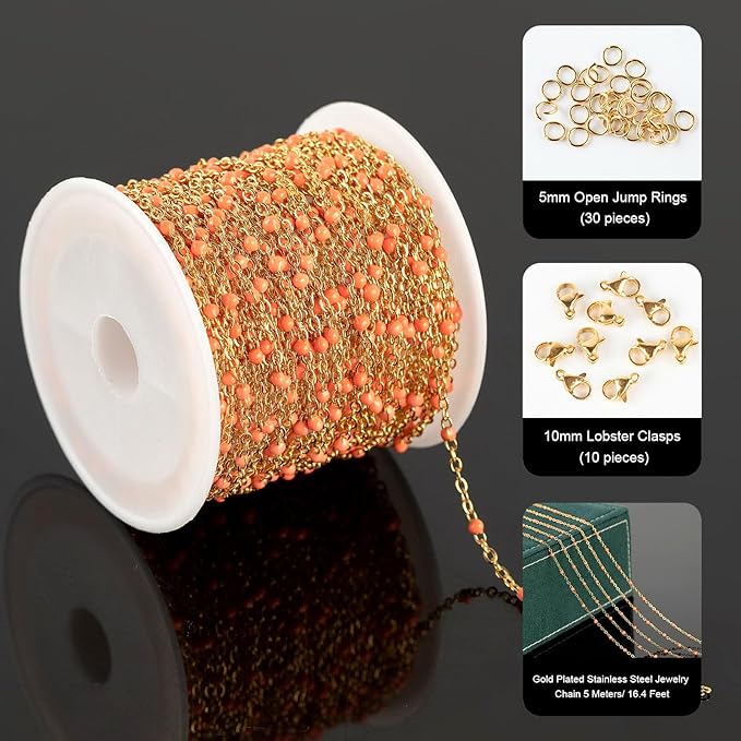 UMAOKANG 33 Feet Gold Plated Jewelry Making Chain Stainless Steel Cable Link Chains Bulk Orange Enamel Bead Decorative Craft Chain Roll
