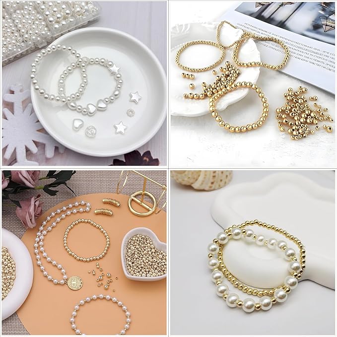 Round Spacer Beads 3/4/6/8mm 4 Size Smooth Ball Beads for Jewelry Making Metal Circle Bead for Bracelet Necklace Earring Making Supply (Pearl)