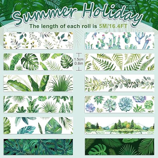 Whaline 12 Rolls Summer Greenery Washi Tapes Tropical Leaves Masking Tape 0.6 Inch Green Plants Cactus Succulents Decorative Tape Sticker for Scrapbook Journal DIY Craft Gift Wrapping,16.4ft