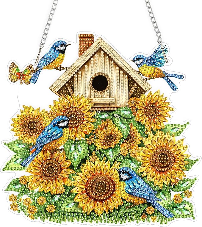 QENSPE Diamond Painting Art Hanging Kits for Adults, 5D Sunflower Diamond Paingting Ornaments with Chain, DIY Blue Birds Crystal Window Pendants for Home Wall Decor Double Sided Gift 8X8 inch