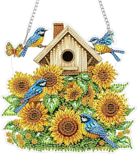 QENSPE Diamond Painting Art Hanging Kits for Adults, 5D Sunflower Diamond Paingting Ornaments with Chain, DIY Blue Birds Crystal Window Pendants for Home Wall Decor Double Sided Gift 8X8 inch