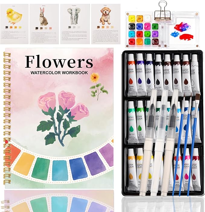 Watercolor Workbook, Water Coloring Book, 24 Colors Watercolor Paint Set with Palette and Brush, 12 Different Patterns of Original DIY Designs, Beginner-Friendly Watercolor Workbook (Flowers 2)