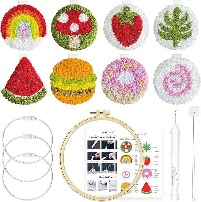 HAND U JOURNEY 8Pcs Embroidery Punch Needle Keychain, Bachpack Charm Kit, Original Design with 2.2mm Punch Tool, Threads and Hoop.Random Color Chain