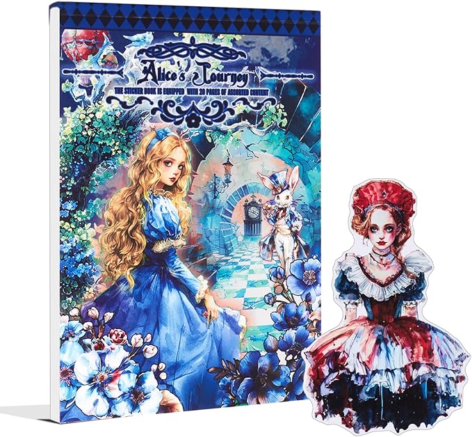 Dwpetzo Vintage Alice's Journey Pre-Cut Journal Sticker Book for Junk Journaling, Dual PET and Writing Paper Materials, Collage Stickers for Scrapbooking Supplies, Planner, Bujo, A5, 20 Sheets