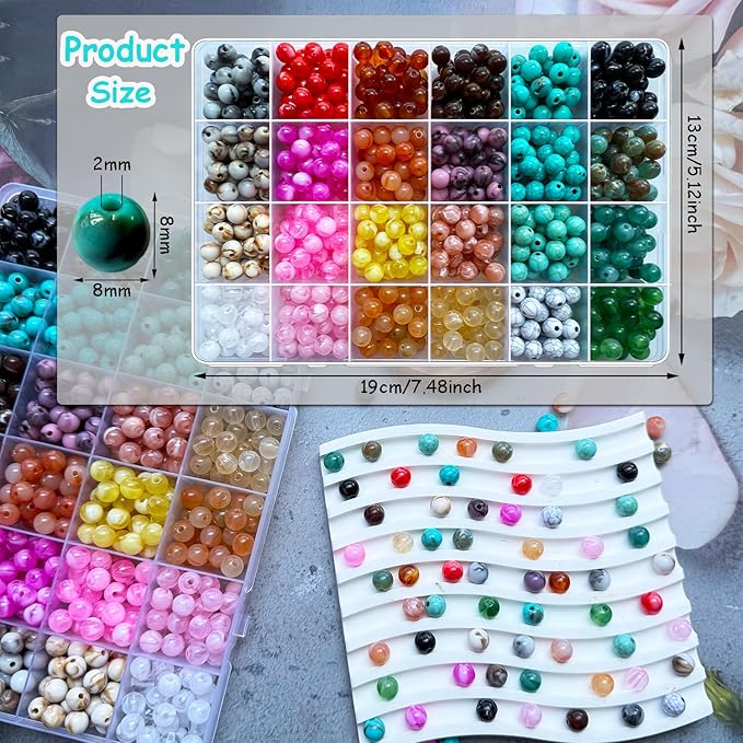 720Pcs 8mm Acrylic Round Beads for Jewelry Making, Bohemian Style Round Bead Faux Turquoise White Crack Bead Plastic Bubble Gum Beads for Bracelets Making Kit DIY Necklace Crafts