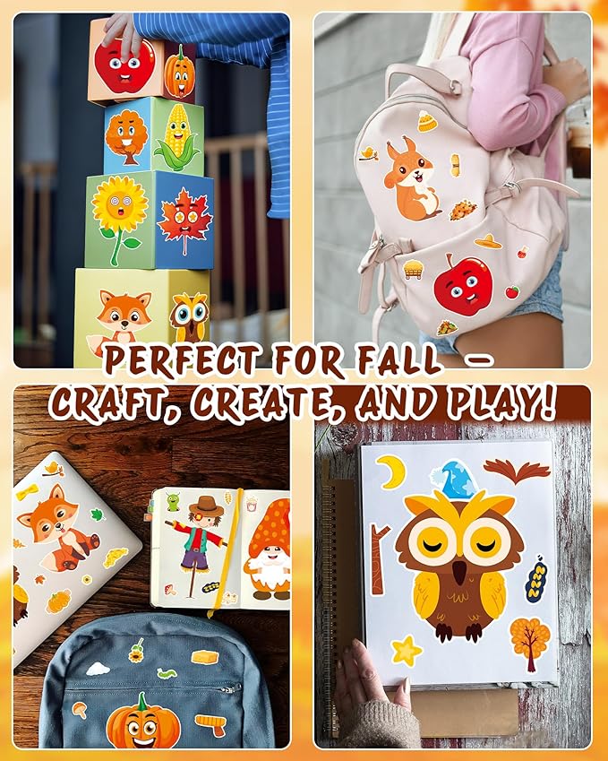 aowplc 48 sheets fall make a face stickers, 12 designs fun fall crafts for kids, autumn festival party favors, classroom activities & games