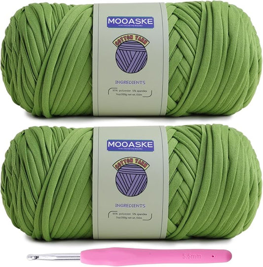2 Pack T-Shirt Crochet Yarn for DIY Knitting Crochet Cloth Blanket Bag Dolls - 400g Chunky Thick Yarn for Crocheting with Polyester-Spandex Blend Elastic Fabric (Greenish-Blue)