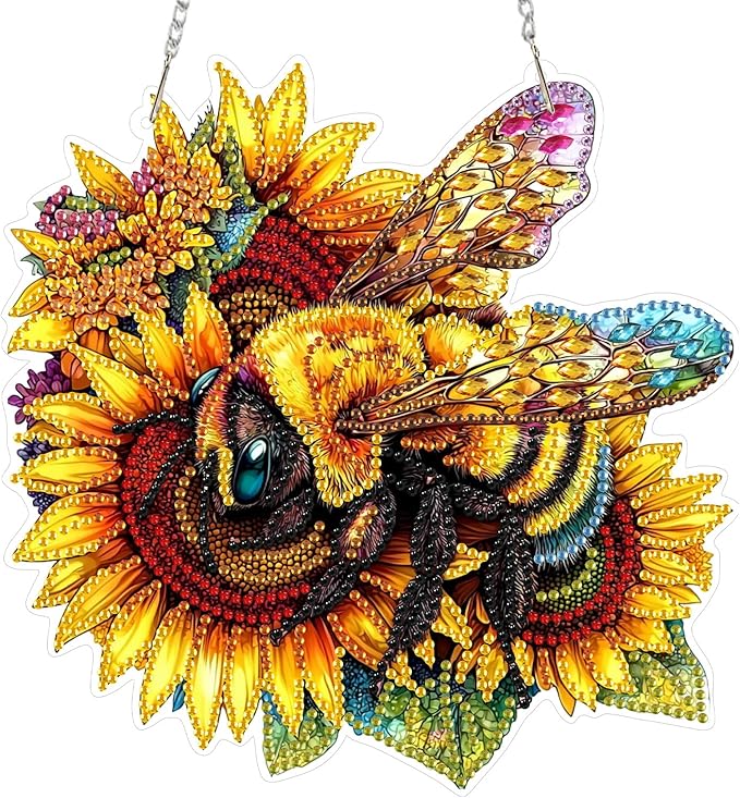 SENQAO Bee Diamond Art Hanging Kit for Adult, Special Shaped Rhinestone, DIY Acrylic 5D Diamond Art Painting Window Pendants Home Garden Wall Hanging Kits Hanging Ornament