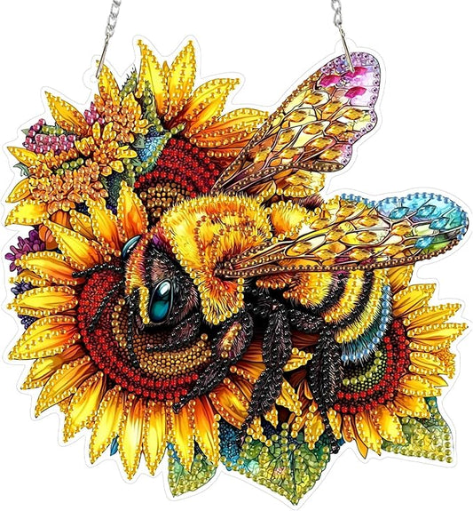SENQAO Bee Diamond Art Hanging Kit for Adult, Special Shaped Rhinestone, DIY Acrylic 5D Diamond Art Painting Window Pendants Home Garden Wall Hanging Kits Hanging Ornament