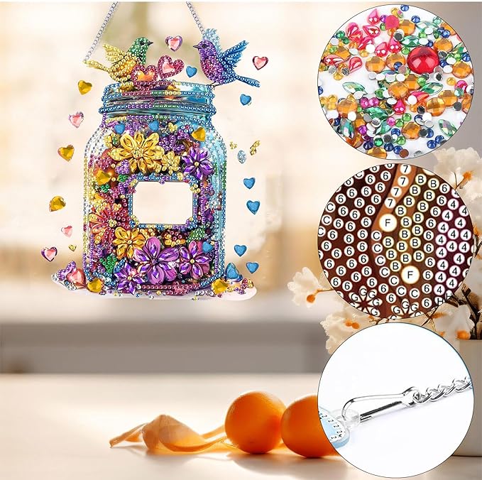 Bimkole Bottle Diamond Art Hanging Kit for Adult, DIY 5D Flowers Diamond Art Painting Window Pendant, Acrylic Crystal Art Hanging Ornament for Wall Home Garden Front Door Decor - 7.8x7.8 Inch