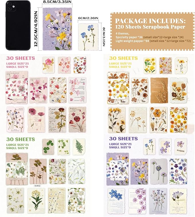 120Pcs Floral Vintage Scrapbook Supplies Kit Textured Paper Embossed Rice Paper for Crafts,Junk Journal Supplies Bullet Journaling,Decoupage Card Making,DIY Mixed Media Collage Card