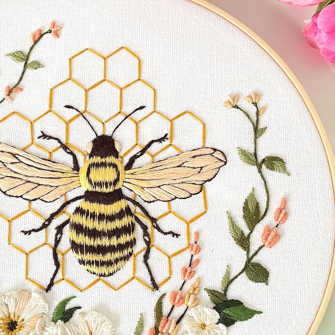 Myfelicity Embroidery kit for Adults, 3-Piece Bee and Butterfly Floral Designs, Including Tools Handmade Embroidery Hoop Art Set (Yellow)