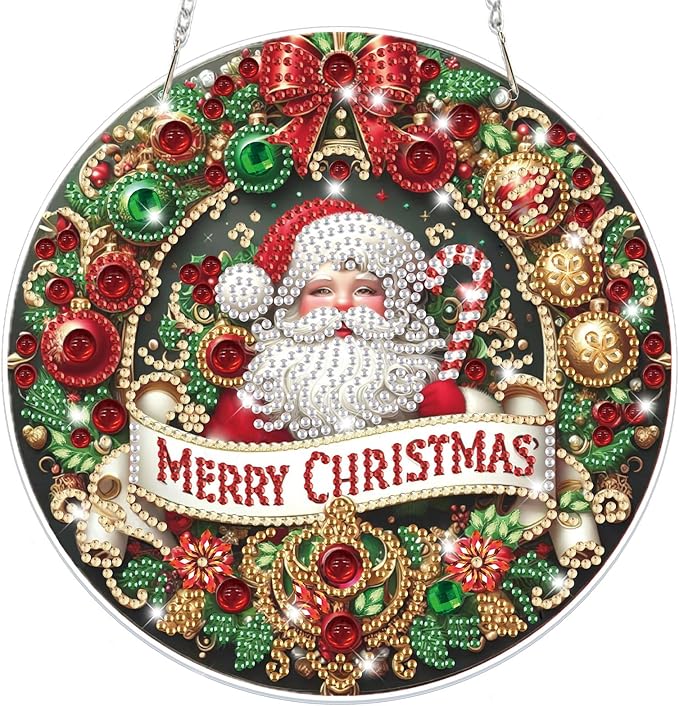 Bowetile Christmas Diamond Art Hanging Kits for Adults, Diamond Art Suncatchers Santa Claus, 5D Special Shape Diamond Painting Pendant Window Ornament Christmas Gifts for Home Door Wall Decor