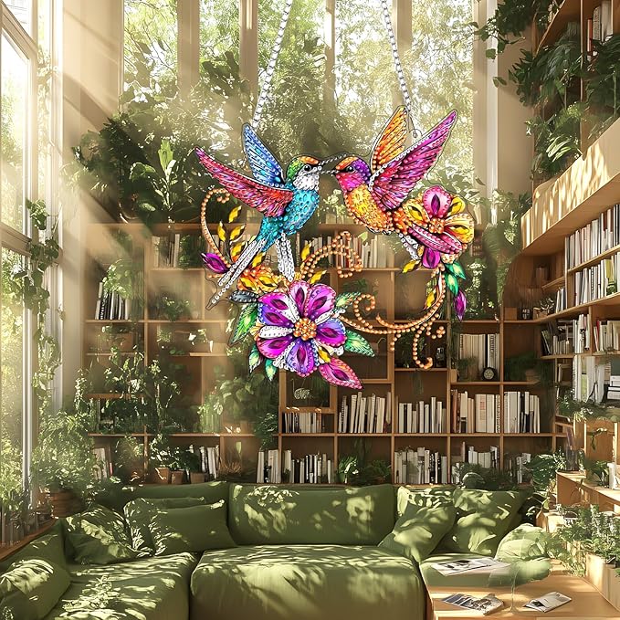 Lxmsja DIY Colorful Hummingbirds Diamond Painting Hanging Ornament, Double-Sided Acrylic Bright Flowers Diamond Art Kit, Special Shaped Suncatcher Hanging Pendant Window Art Kit 8x8 inch