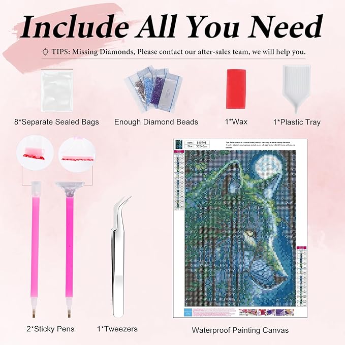 Yezavesu Wolf Diamond Art Kits for Adults, Wolf Forest 5D Diamond Painting Kit for Beginners, DIY Round Full Drill Painting with Gem Art Craft Kits for Home Wall Decor 12x 16 Inch