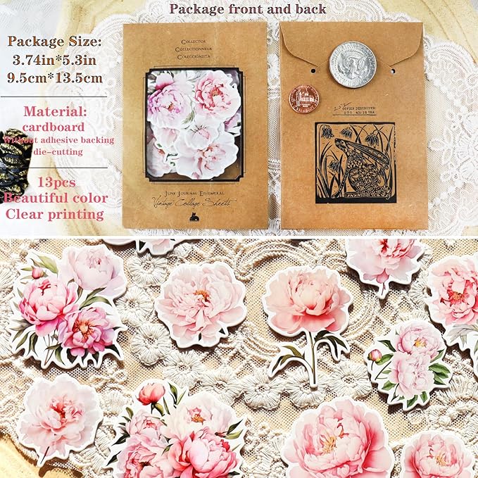 CATaireen Vintage Junk Journal Items Kit Pre Cut Paper Cards Cutout Cardstock Art Aesthetic Decor Hollow Out Craft Elements Small Embellishments Supplies for Adults Scrapbook Pack (Floral Pink)