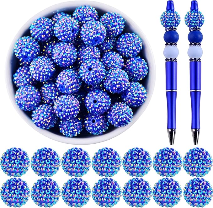20mm Rhinestone Beads for Pens 20pcs Beaded Pens Beads Bling Glitter Suger Bugglegum Beads Large Balls Crystal Pen Beads for DIY Pens Keychain Making Suppliers Bulk, Blue AB