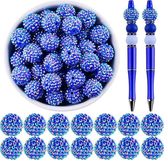 20mm Rhinestone Beads for Pens 20pcs Beaded Pens Beads Bling Glitter Suger Bugglegum Beads Large Balls Crystal Pen Beads for DIY Pens Keychain Making Suppliers Bulk, Blue AB