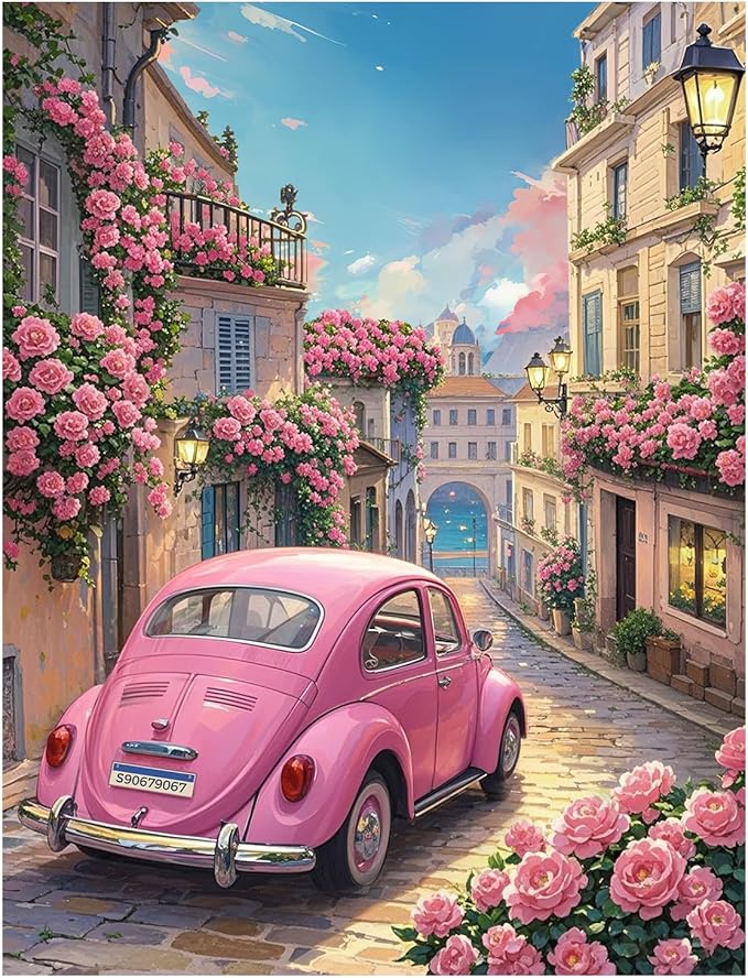 NPCSWXQ Paint By Numbers Kit for Adults Beginners, Sunset Pink Roses Pink Car Decoration Oil Acrylic Painting Crafts Number Artist Paint Kit for Home Wall Bedroom Study or Office Decor Gift 16x20Inch