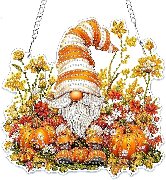 MOGTAA Fall Diamond Art Hanging Pendant Kits, Gnomes Diamond Art Kits for Adults, 5D Special Shape Diamond Painting Pumpkin Gem Art for Home Garden Wall Decor