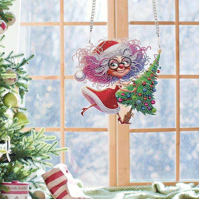 Christmas Diamond Art Pendant Kit, 5D DIY Hanging Diamond Painting for Adults, Santa Claus and Grandma with Christmas Tree, Crystal Ornament for Wall, Window, Door, Home Decor & Gift, 24.1x23.1 cm