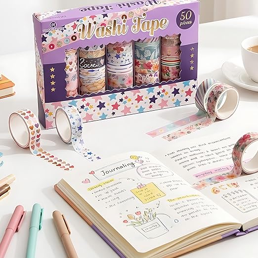 50 Rolls Washi Tape Set, Assorted Sizes, for Junk Journal Scrapbook, Bullet Journaling Scrapbooking Supplies, Planner Sticker DIY Craft Decor (Whimsical Doodles)