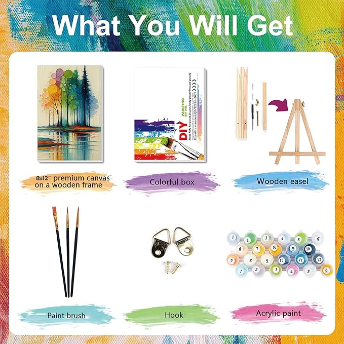 Rainbow Trees Paint by Numbers for Adults with Framed Canvas - with Wooden Easel, Tree Paint by Number for Beginners, DIY Easy Acrylic Oil Painting on Canvas with Brushes for Home Wall Decor 8x12 inch