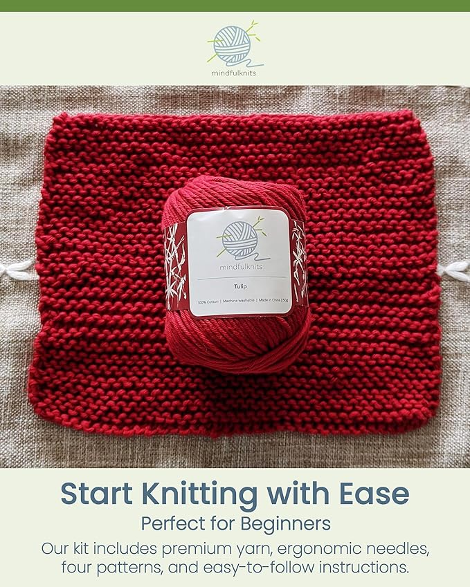 mindfulknits - Beginners Washcloth Knitting Kit - Includes 100% Cotton Knitting Yarn + Circular Knitting Needles & Yarn Needle (Flora Colored Cotton Yarn) - Mindful Crafting Kit