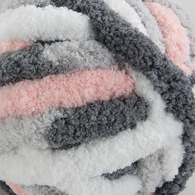 HOMBYS Chunky Tie Dye Mix Chenille Yarn for Hand Knitting, Super Bulky Jumbo Yarn for Crocheting, 3/4" Thick Soft Plush Yarn for Blankets, 8 Skein Pack (26 yds / 7.5 oz Each) Grey White Pink
