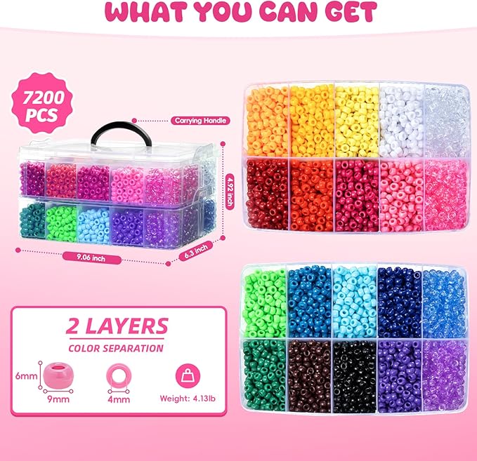 Simetufy 7200Pcs Pony Beads Bulk, 20 Assorted Colors 6x9MM Kandi Beads Kit for Bracelet Making Hair Braiding Jewelry Key Chains DIY Crafts Christmas Gifts (Stack Box)