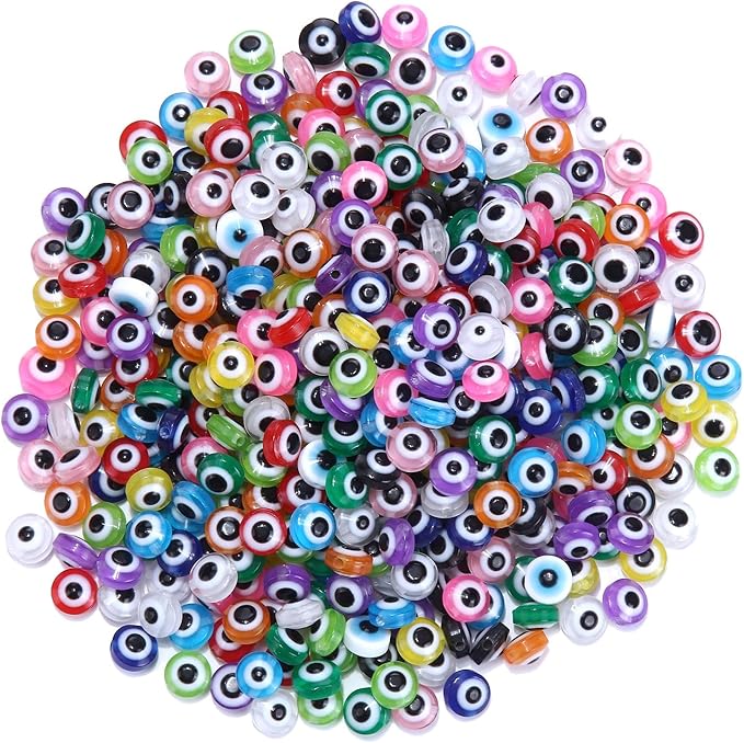 300pcs Evil Eye Beads for Jewelry Making,Flat Round Bead 8mm Spacer Beads for Bracelets Handicraft Kit(Mixed Color)