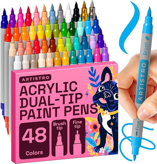 ARTISTRO 48 Acrylic Paint Markers - Paint Pens for Drawing, Brush + Fine Tips - For Fabric, Rock, Glass, Wood, DIY, Eggs - Art & Craft Supplies for Adults, Teens, Kids - Easter Basket Stuffers