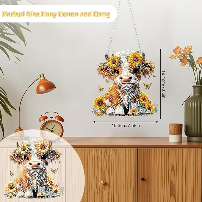 TOSTOG Countryside Flower Calf Diamond Art Pendant Kit for Adult, Diamond Painting Hanging Kit for Beginners, 5D DIY Crafts Gem Art, Waterproof Full Accessories for Home Decor Idea 20 * 20 cm/8 * 8 in