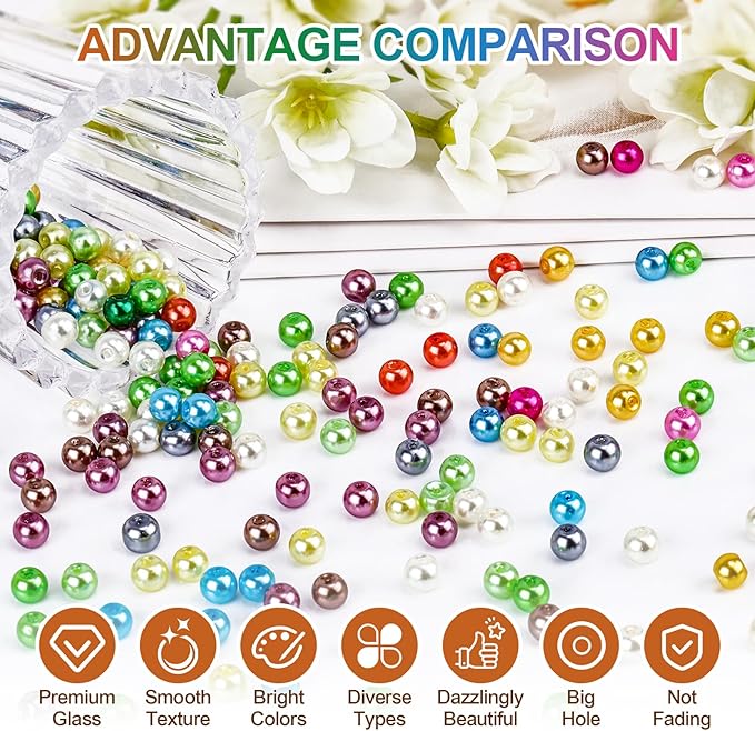 XSEINO About 1200+ PCS 6mm Imitation Pearl Style Glass Beads Bracelet Making Kit, 24 Assorted Colors Imitation Pearl Series Crystal Beads for Jewelry Making and DIY Crafts, Friendship Bracelets