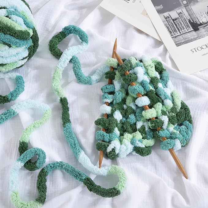 HOMBYS Chunky Tie Dye Mix Chenille Yarn for Hand Knitting, Super Bulky Jumbo Yarn for Crocheting, 3/4" Thick Soft Plush Yarn for Blankets, 12 Skein Pack (26 yds / 7.5 oz Each) Mint Teal Green
