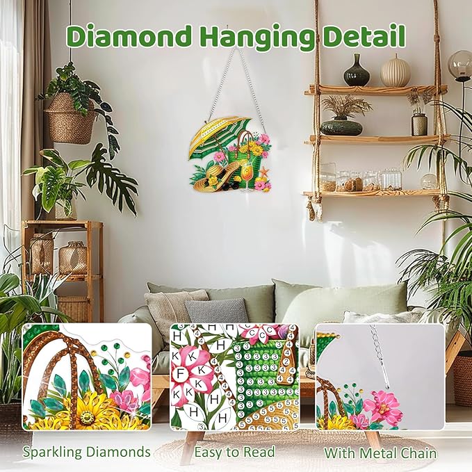 MEIYUDA Summer Diamond Art Hanging Kits for Adult, Beach Bag Diamond Painting Hanging Kits Ornaments, DIY Special Shaped Rhinestone Window Pendants Kit for Home Garden Wall Decor Gift