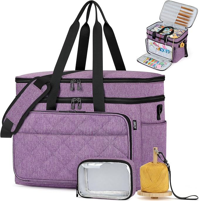 IBFUN 3PCS Crochet Bag with Wrist Yarn Holder, Large Yarn Storage Tote Waterproof Knitting Bag Organizer with Adjustable Strap for Hooks, Needles (Up to 14"), Accessories, Crochet Lovers, Tangle-Free