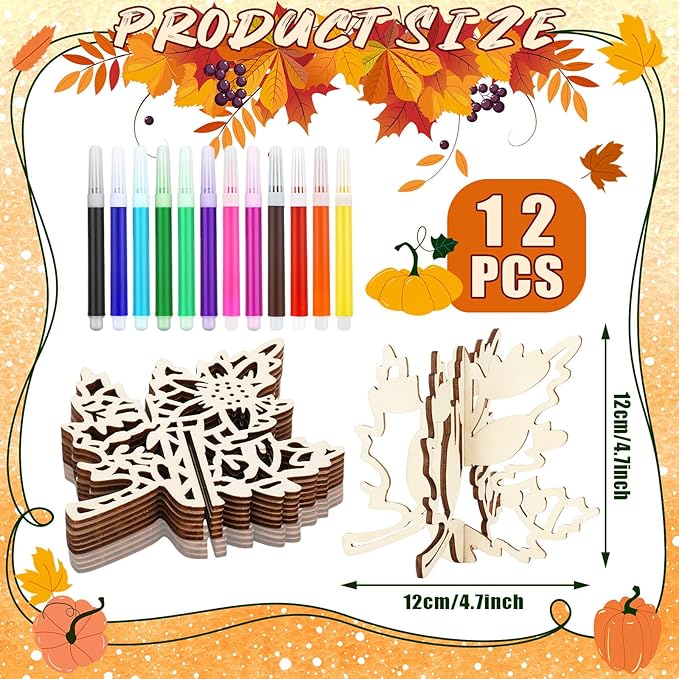 Blosssound 48 Pcs Fall Craft Set 36 Wood Maple Leaf Crafts 3D Maple Leaf Cutouts with 12 Colored Markers Wooden Unfinished Slices to Paint for Thanksgiving Autumn DIY Handmade Tiered Tray Table Decor