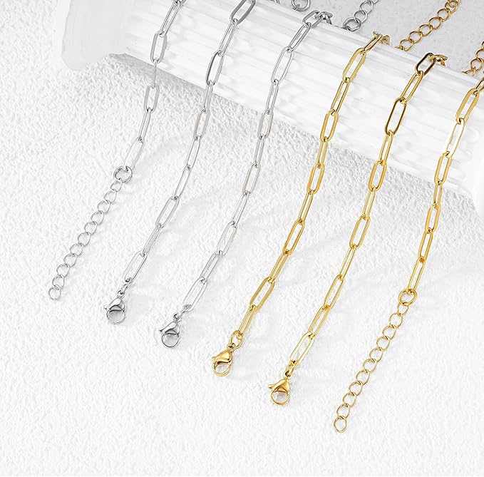 KEIAOUE 16 Pack Charm Bracelet Chain Bulk Gold Plated Stainless Steel Paperclip Chains Bracelets for DIY Jewelry Making