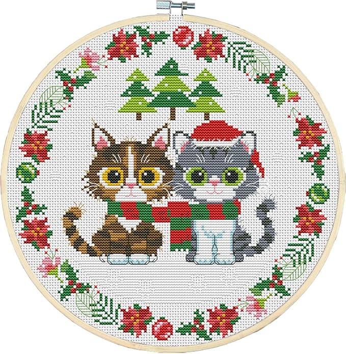 Awesocrafts Cross Stitch Kits Two Christmas Kittens 11CT Stamped Patterns Easy Cross Stitching Embroidery Needlework Kit Supplies (Kittens)
