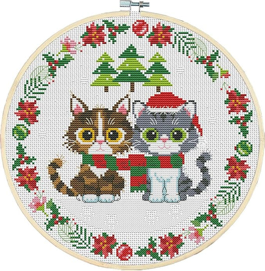 Awesocrafts Cross Stitch Kits Two Christmas Kittens 11CT Stamped Patterns Easy Cross Stitching Embroidery Needlework Kit Supplies (Kittens)