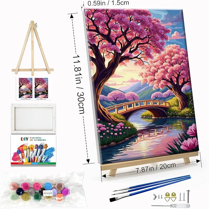 JOOZ Landscape Paint by Numbers Kit for Adults with Frame Sakura Paint by Number with Easel Mountain Adult Paint by Number Kits Framed Canvas F Lowers Oil Painting Kits for Home Wall Decor 8x12 Inch