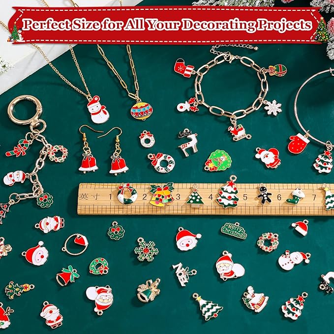 Modacraft 120 Pcs Christmas Charms for Jewelry Making, Multiple Styles Gold Enamel Pendant Charms with Santa Snowflake Tree for DIY Bracelet Necklace Earring Keychain Craft Supplies Holiday Decor Gift