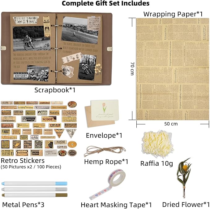 Vienrose Photo Album Scrapbook Kit, 3 Ring Faux Leather Cover DIY Memory Book Kraft Paper with 30 Sheets 60 Pages, Vintage Scrapbooking Supplies Set for Wedding, Anniversary, Valentine Gifts, Brown
