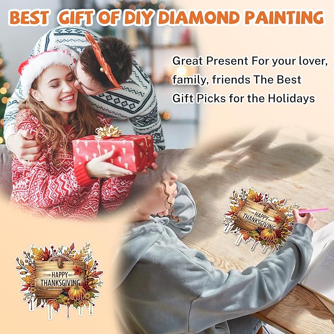 Bowetile Happy Thanksgiving Diamond Art Hanging Kits for Adults, Fall Diamond Art Suncatchers, 5D Special Shape Diamond Painting Pendant Window Ornament Gifts for Home Garden Door Wall Decor