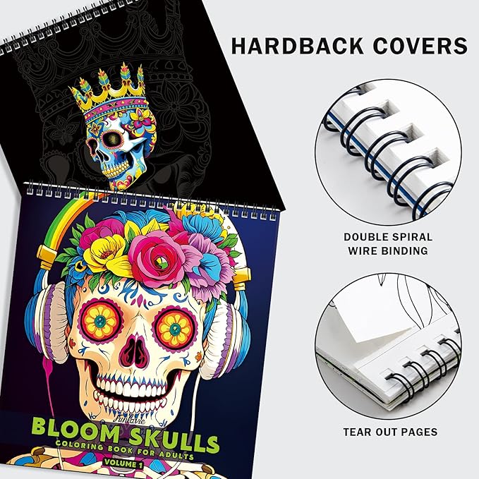 FUN LAVIE Halloween Coloring Book for Adults: Spooky Sugar Skulls and Flowers Patterns for Mindfulness Stress Relief and Adult Relaxation, Spiral Bound, Perfect for Halloween Fun